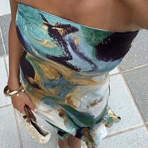 12th Tribe Natalia Blue and Gold Watercolor Strapless Maxi Dress Size XSXS